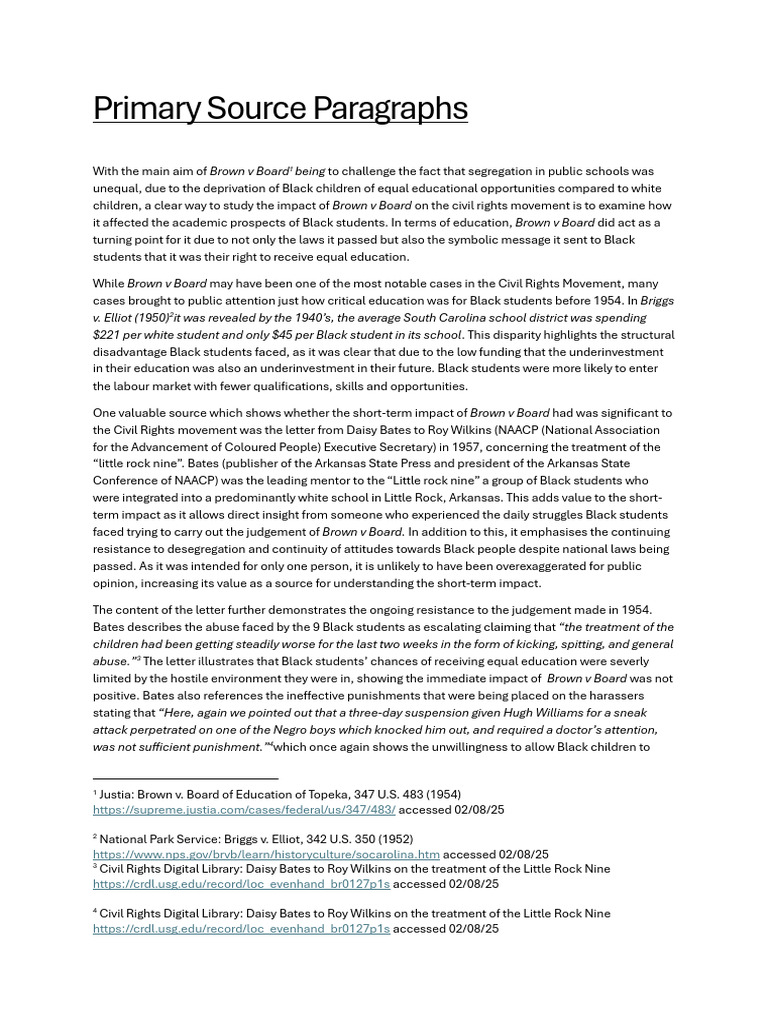 Primary Sources Paragraph | PDF | Brown V. Board Of Education ...