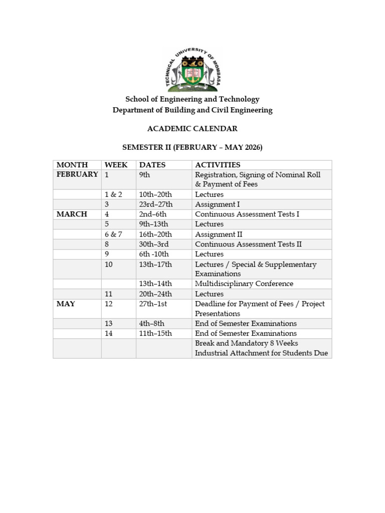 Semester II Academic Calendar 2026 | PDF