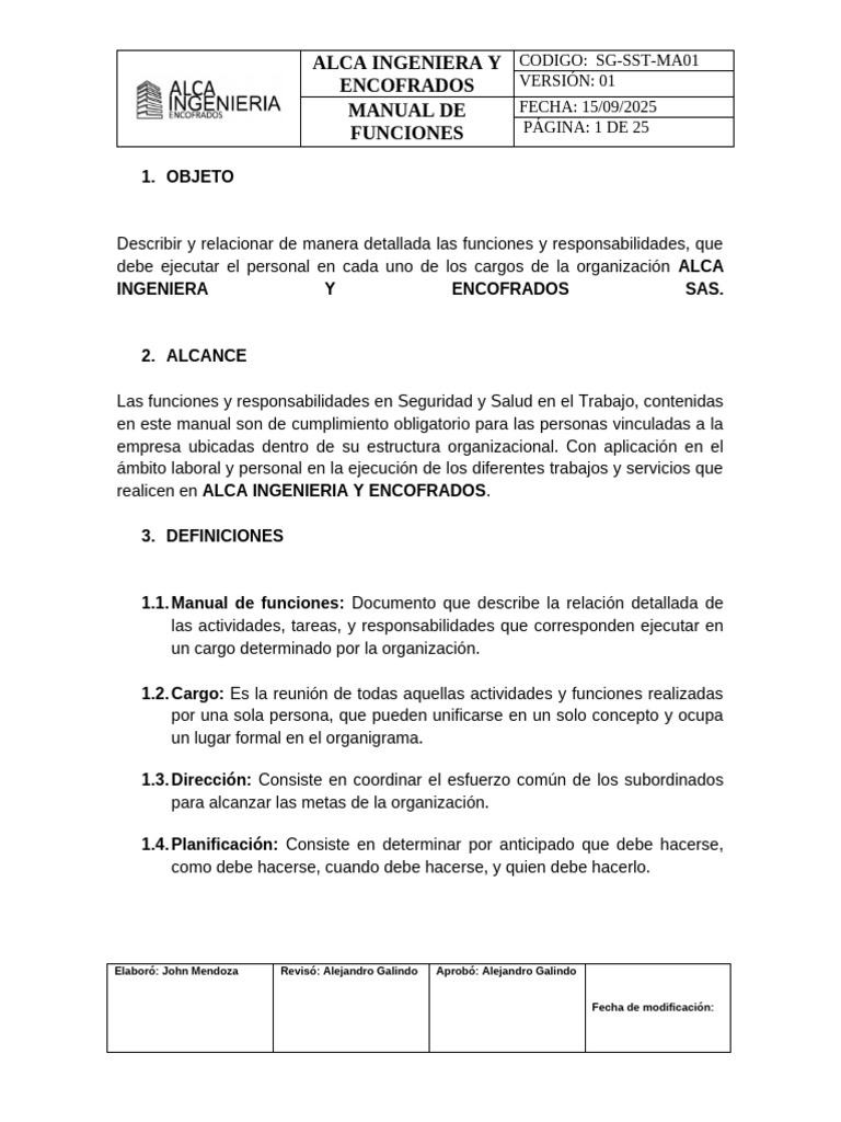 Manual de Funciones y Responsabilidades | PDF | Seguridad y salud ...