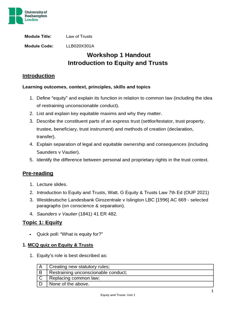 RLS Handout - Equity and Trusts - Unit 1 - Workshop | PDF | Equity (Law ...