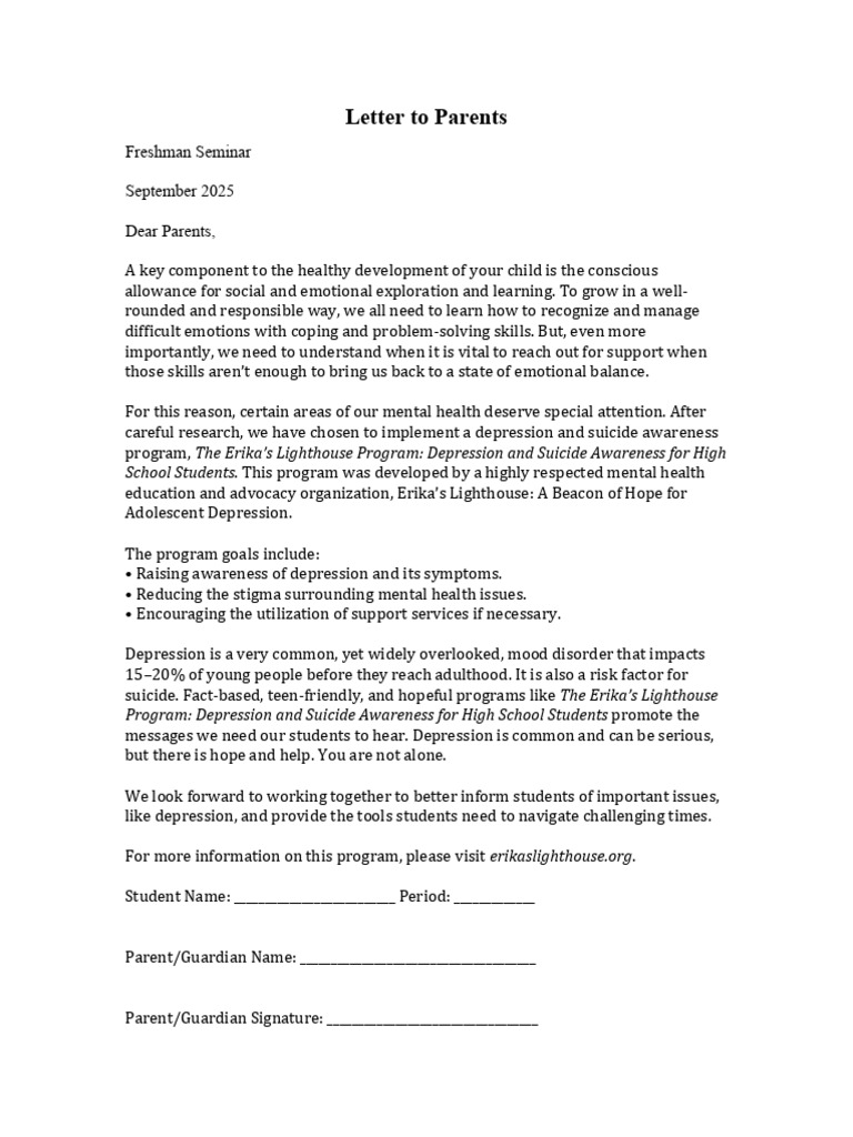 Erika's Lighthouse Parent Letter | PDF