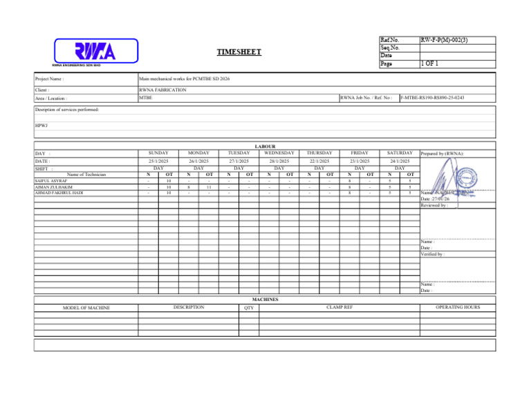 Timesheet Mtbe 22-26 Jan | PDF