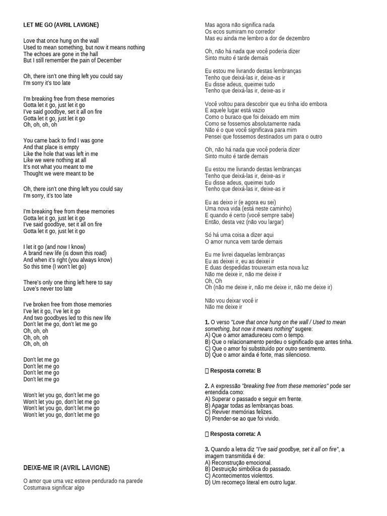 Atividade Musica Avril Lavigne Interpretacao Textual Gabarito | PDF ...