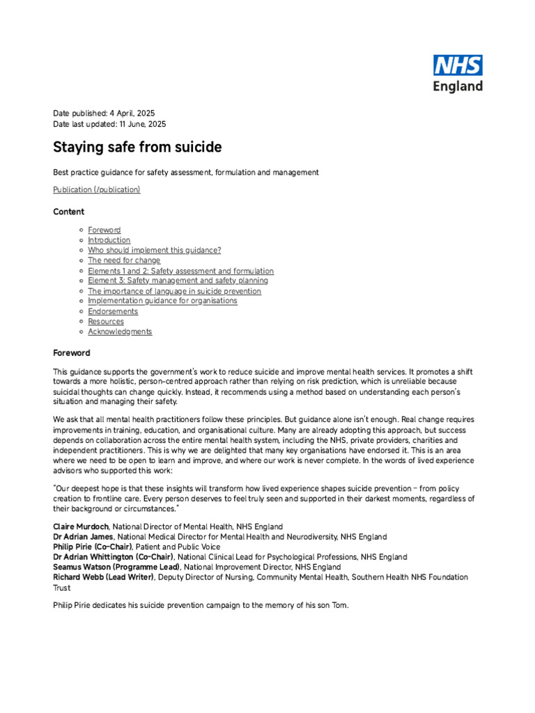 NHS England Staying Safe From Suicide | PDF | Psychotherapy | Mental Health