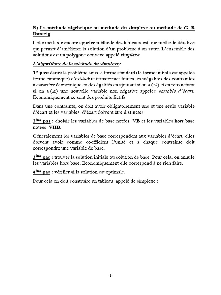 Cours de RO Méthode Du Simplexe | PDF | Matrice (Mathématiques ...