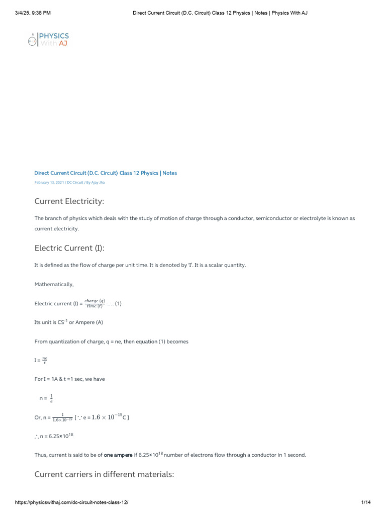 Direct Current Circuit (D.C. Circuit) Class 12 Physics - Notes Physics ...