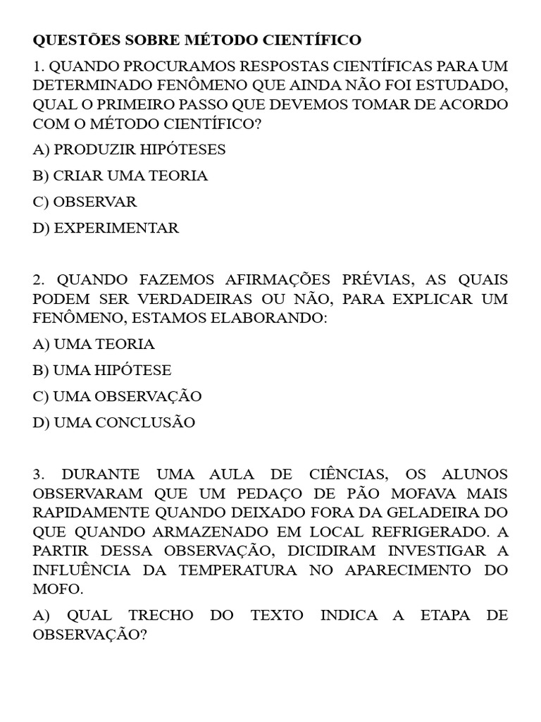 Questões Sobre Método Científico | PDF