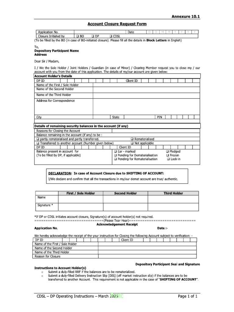 6.7 - Annexure 10.1 Account Closure Request Form | PDF