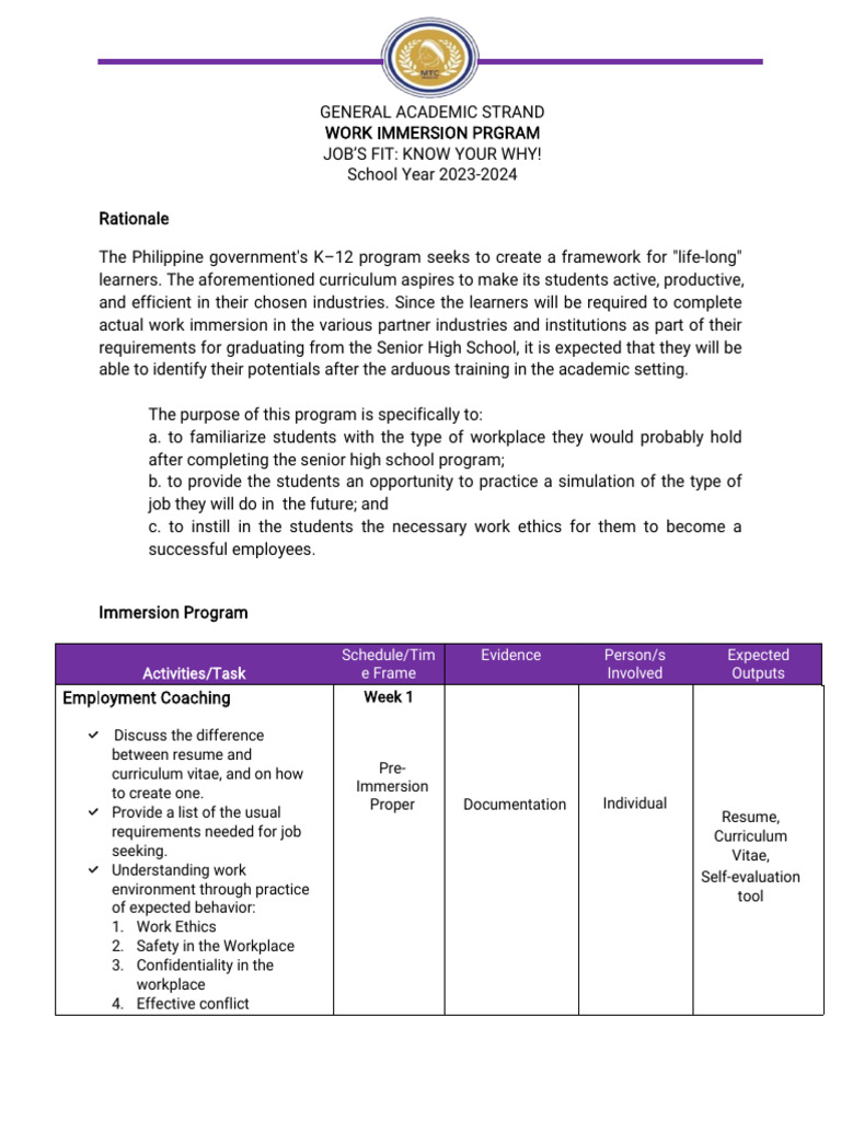 Work Immersion Plan Gas | PDF