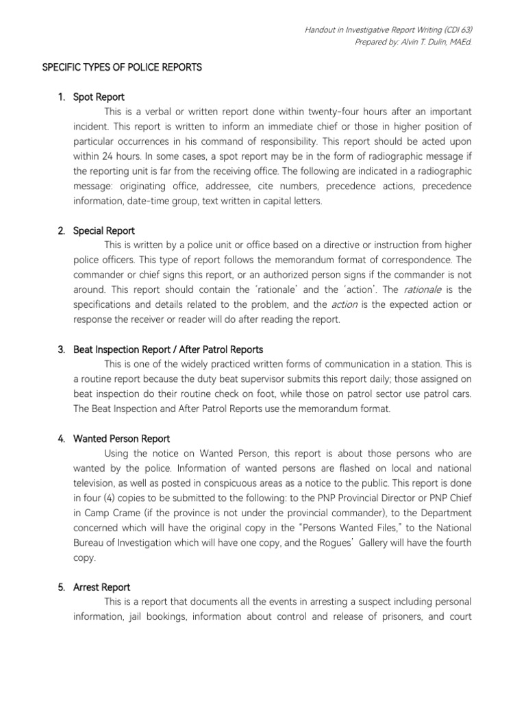Specific Types of Police Reports | PDF | Prosecutor | Police