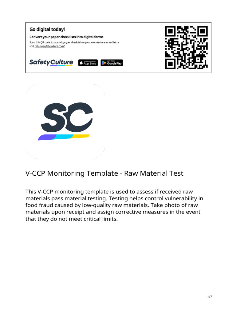 V-CCP Monitoring Template - Raw Material Test | PDF