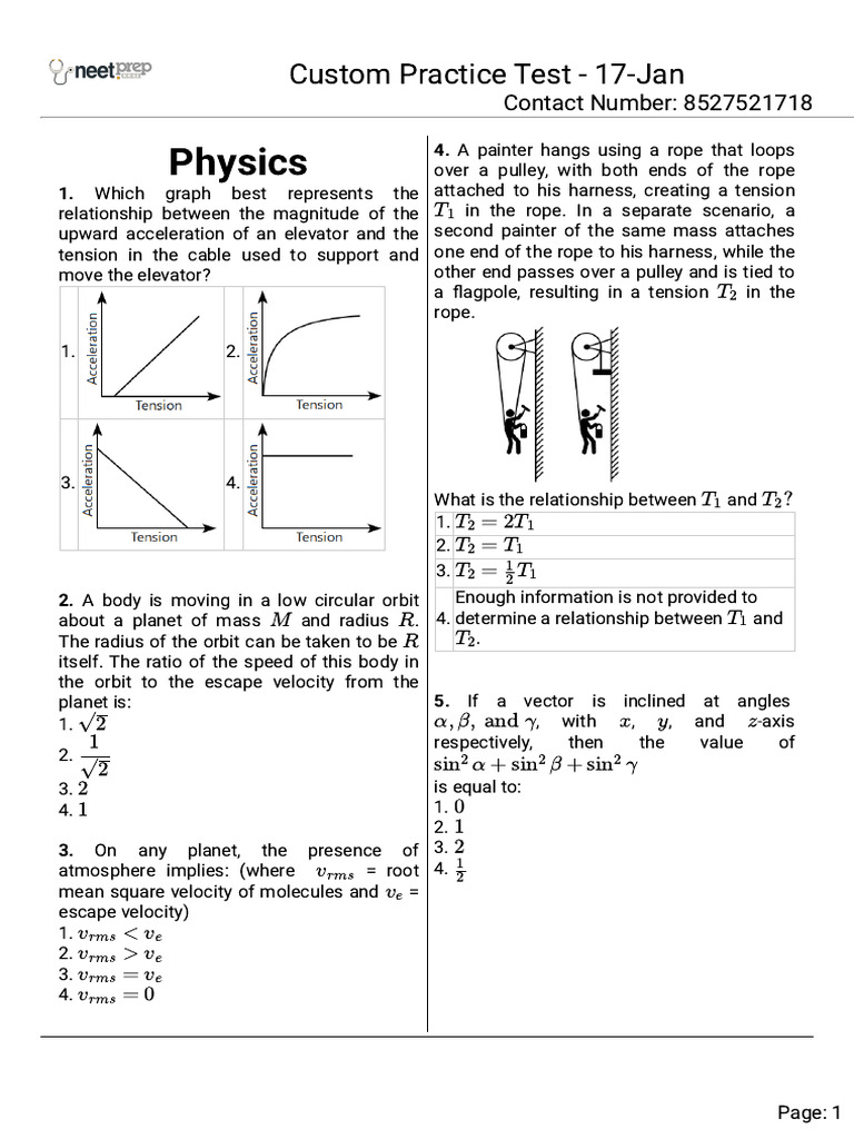 Custom Practice Test 17 Jan | PDF | Velocity | Force
