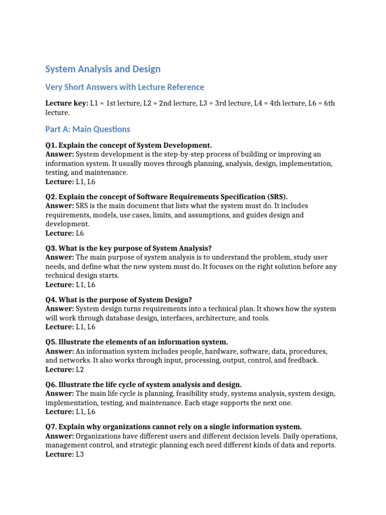 System Analysis and Design QA Lecture Reference Short | PDF | System ...