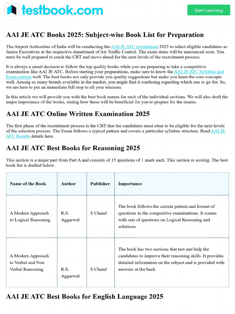 AAI JE ATC Books 2025 - Subject-Wise Book List For Preparation | PDF