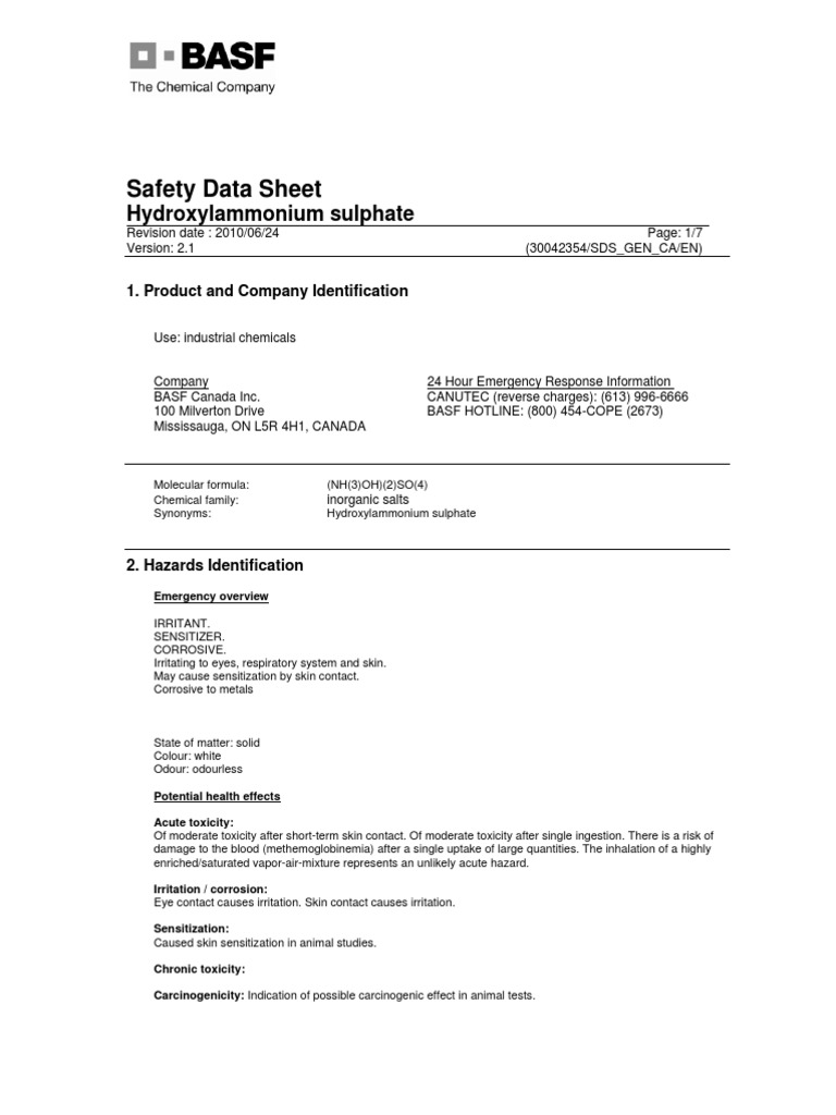 Hydroxylamine Sulfate Basf MSDS Dangerous Goods Toxicity
