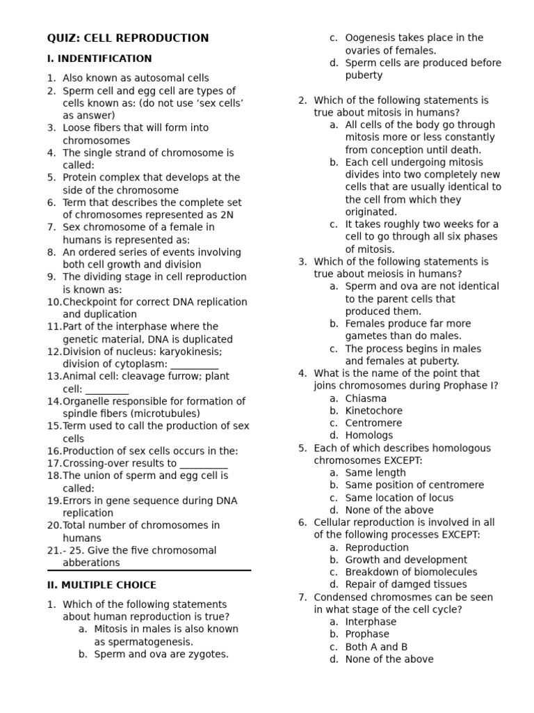 L2 - Cell Reproduction QUIZ | PDF | Mitosis | Meiosis