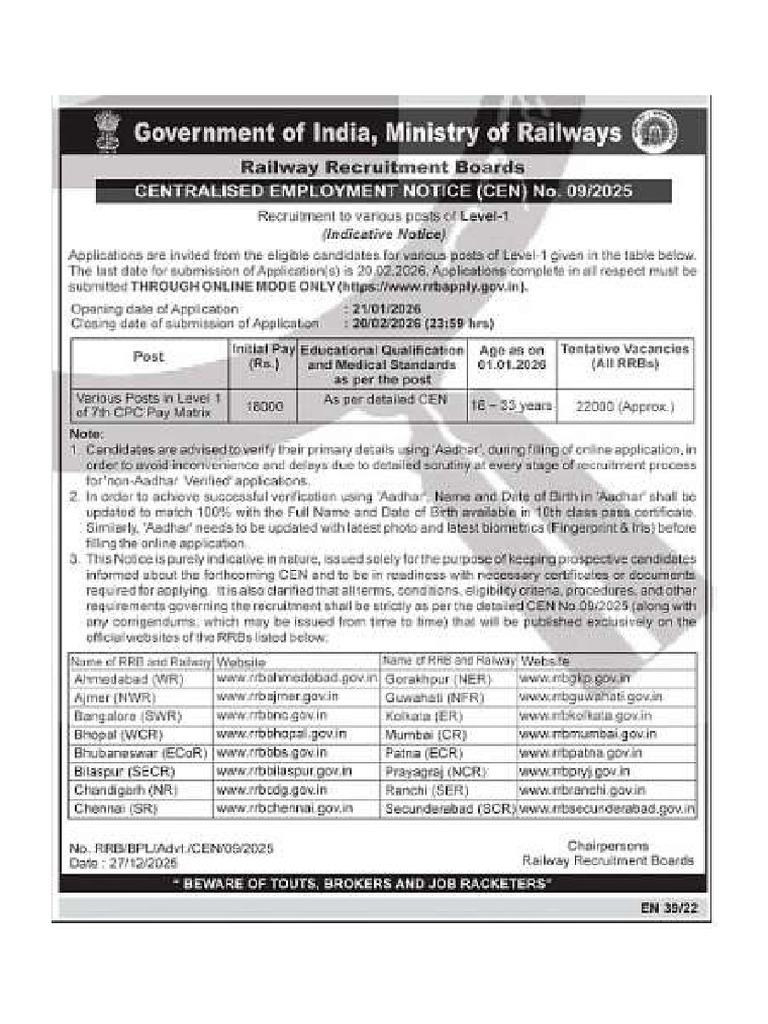 RRB Group D Bharti 2026 Short Notification | PDF