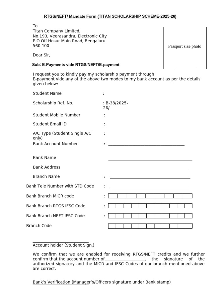 Rtgs Form For Tss 2025-26 | PDF