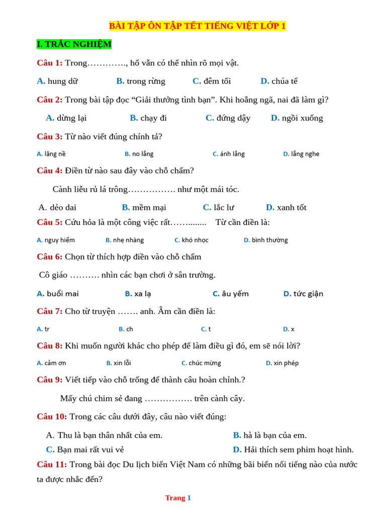 100 Bai Tap On Tap Tet Mon Tieng Viet Lop 1 | PDF