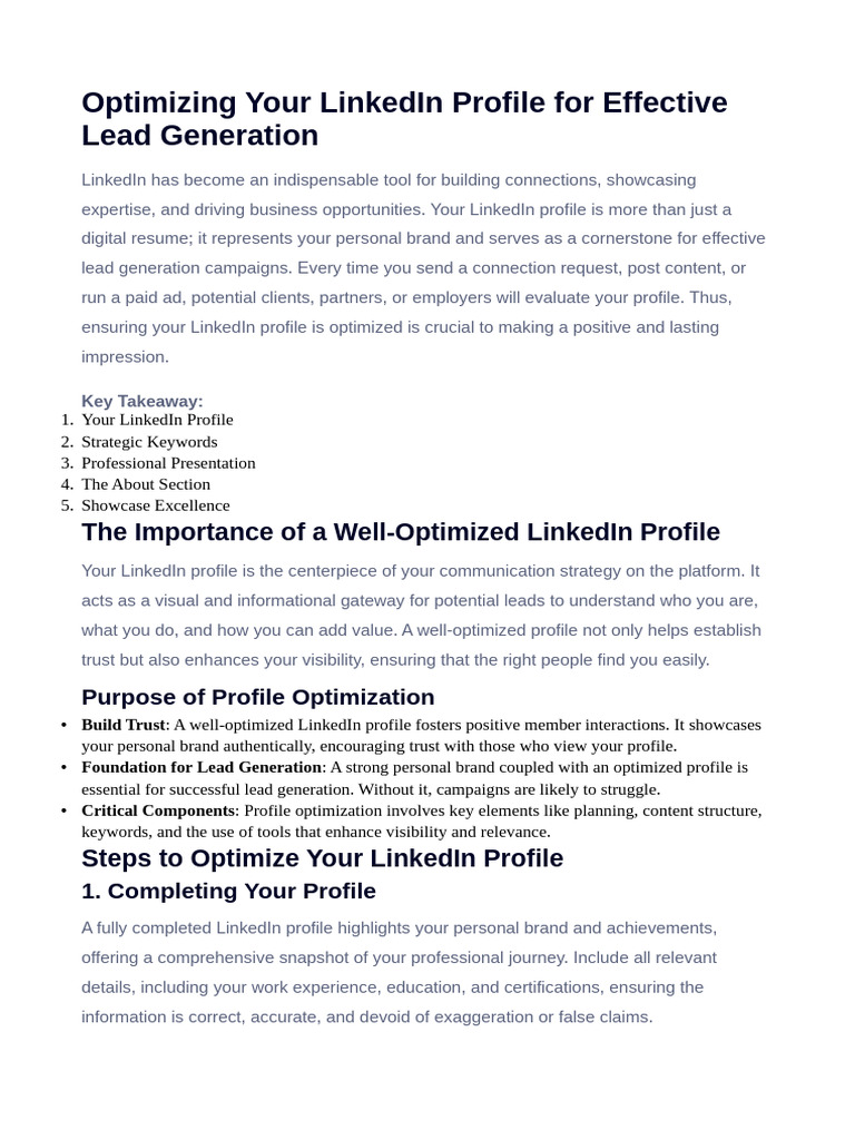 Optimizing Your LinkedIn Profile For Effective Lead Generation | PDF ...