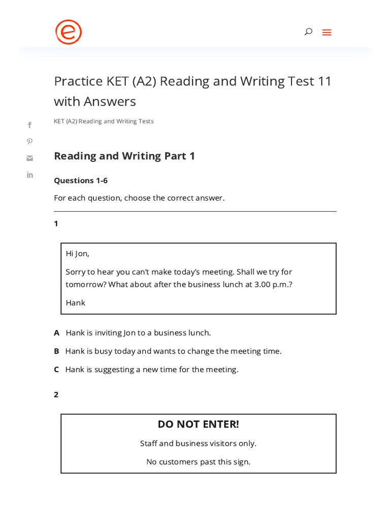 Practice KET (A2) Reading and Writing Test 11 | PDF