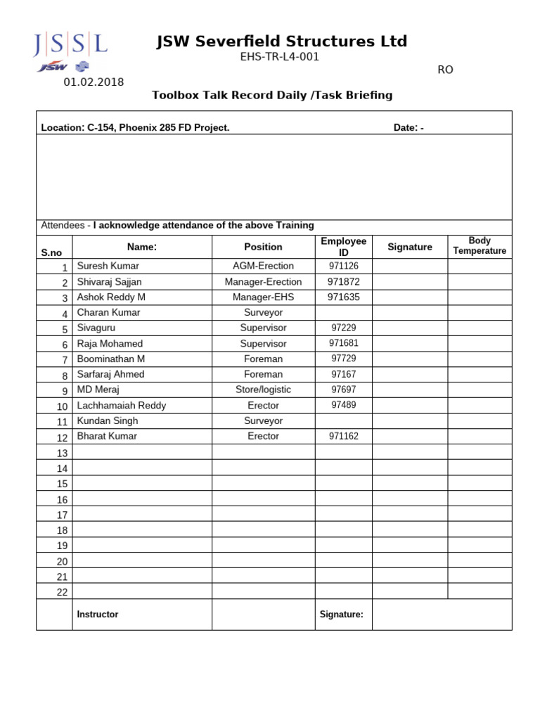 TBT JSSL& Subcontractor - Day | PDF