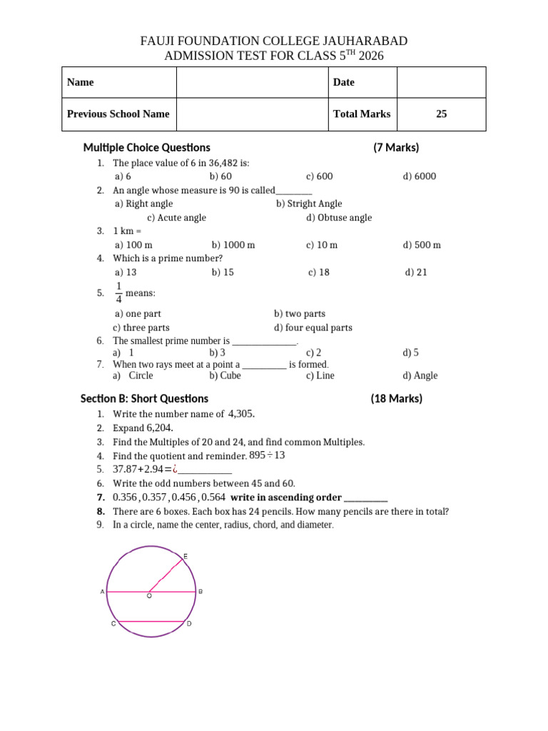 Class 5 Admission Test Maths | PDF