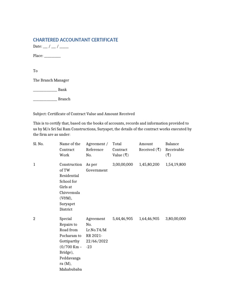 CA Certificate Updated Contract Works | PDF