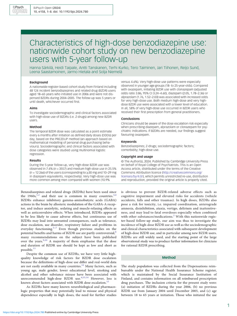Characteristics of High Dose Benzodiazepine Use Nationwide Cohort Study ...