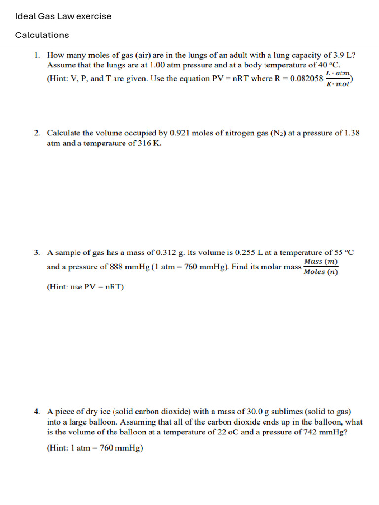 Ideal Gas Law Exercises | PDF