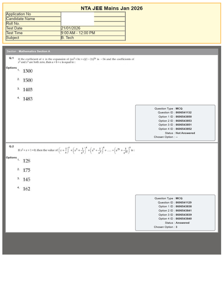 Jee Main 2026 Jan 21 Shift 1 Question Paper 1770195950 | PDF | Tests ...