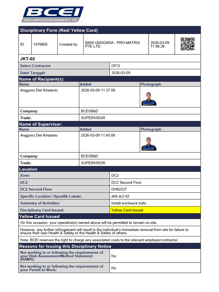 Disciplinary Form (Red/ Yellow Card) : Company: Trade | PDF