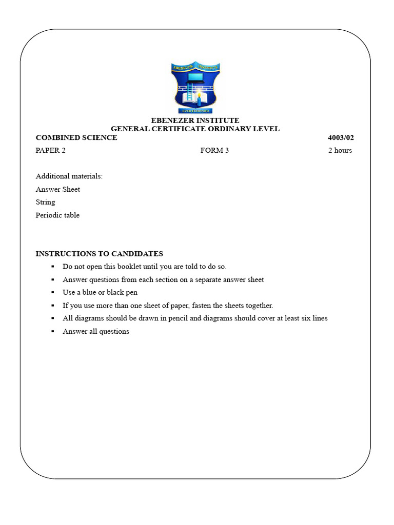 Form 3 First Term Combined Science Exam | PDF | Sodium | Chemical Elements