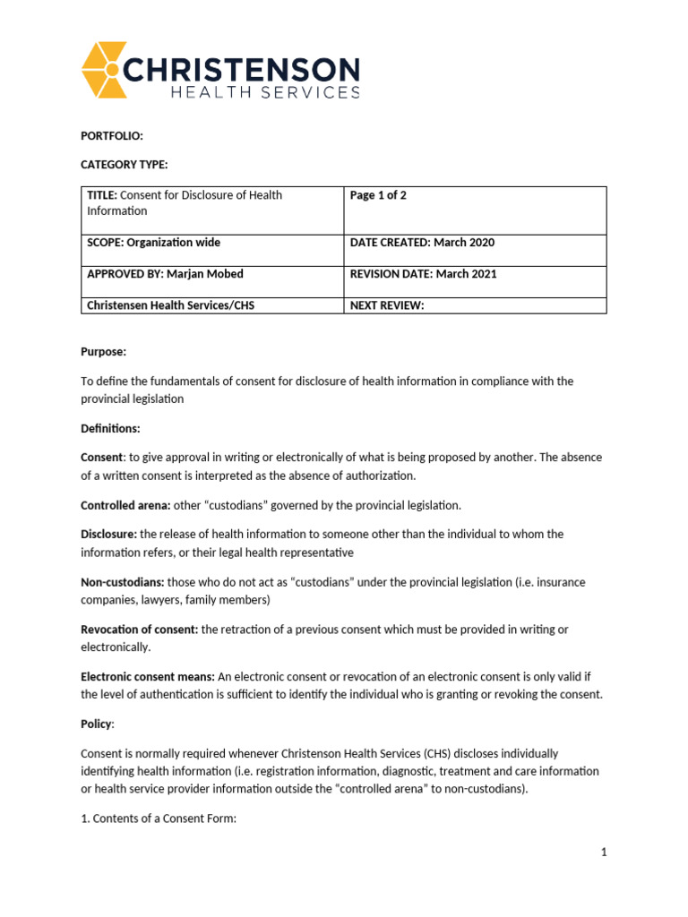 Consent For Disclosure of Health Information | PDF | Informed Consent ...