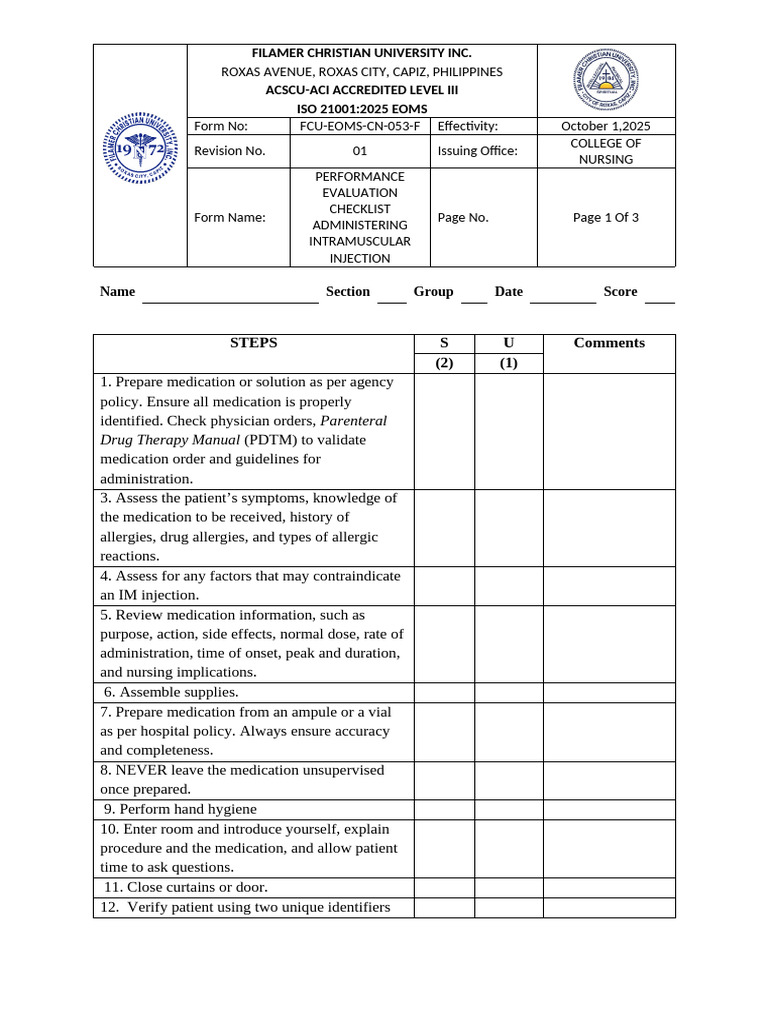 FCU EOMS CN 053 F Performance Evaluation Checklist Administering ...