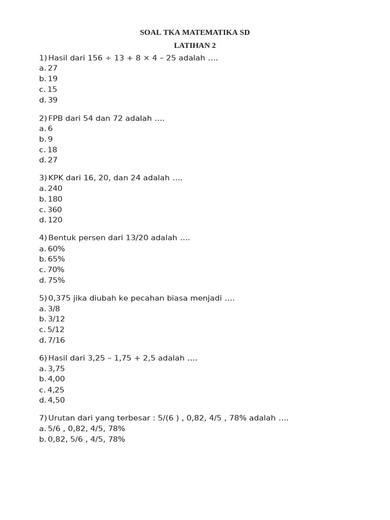Soal TKA Matematika SD Latihan 2 | PDF