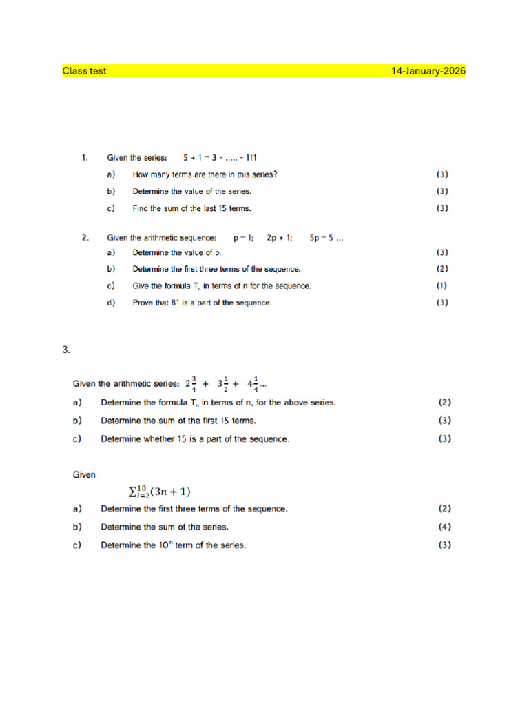 Class Test Grade 12 1 Sequence and Series | PDF