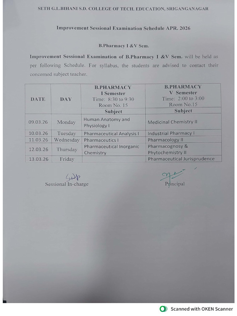 b.pharm i & v Sem Improvement Sessional Exam Apr 2026 Schedule | PDF