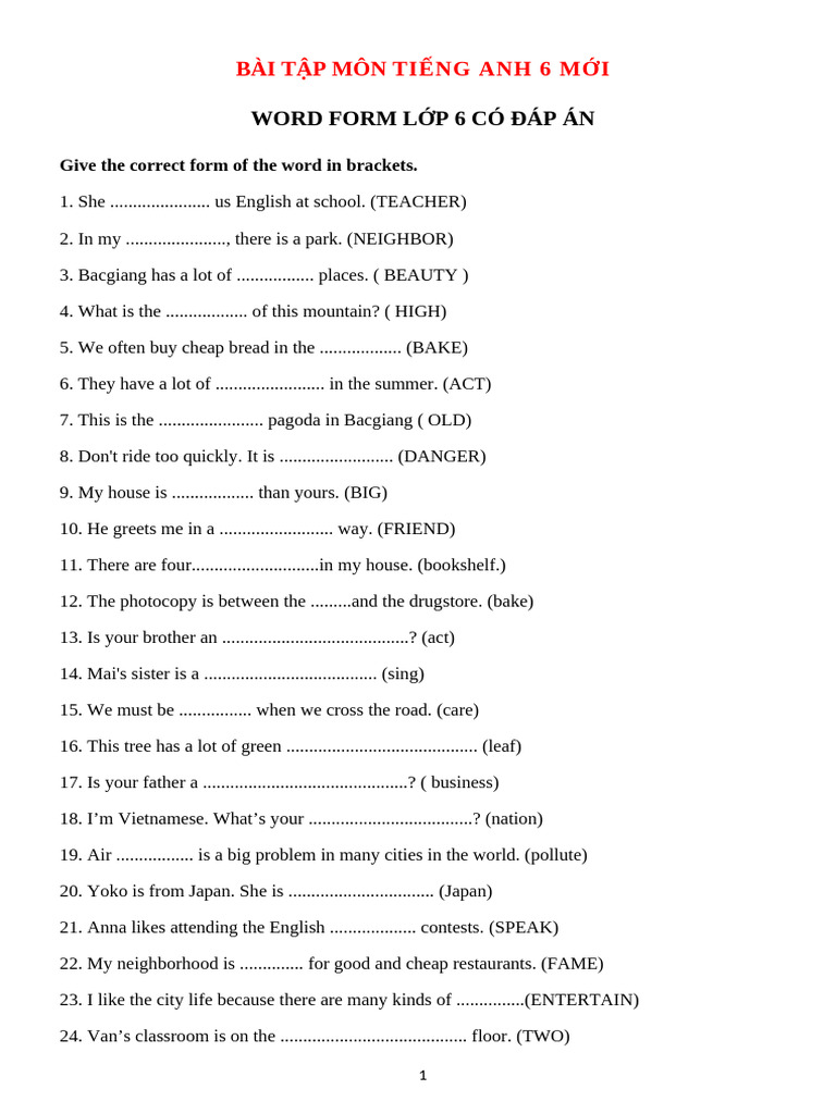 Bai Tap Word Form Lop 6 | PDF | Chess Openings | Chess Theory