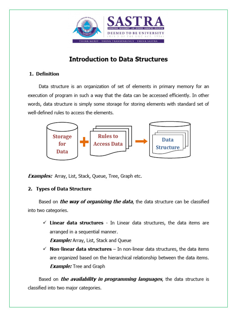 Week 1 Data Structures Fundamentals Types of Data Structures Notes ...