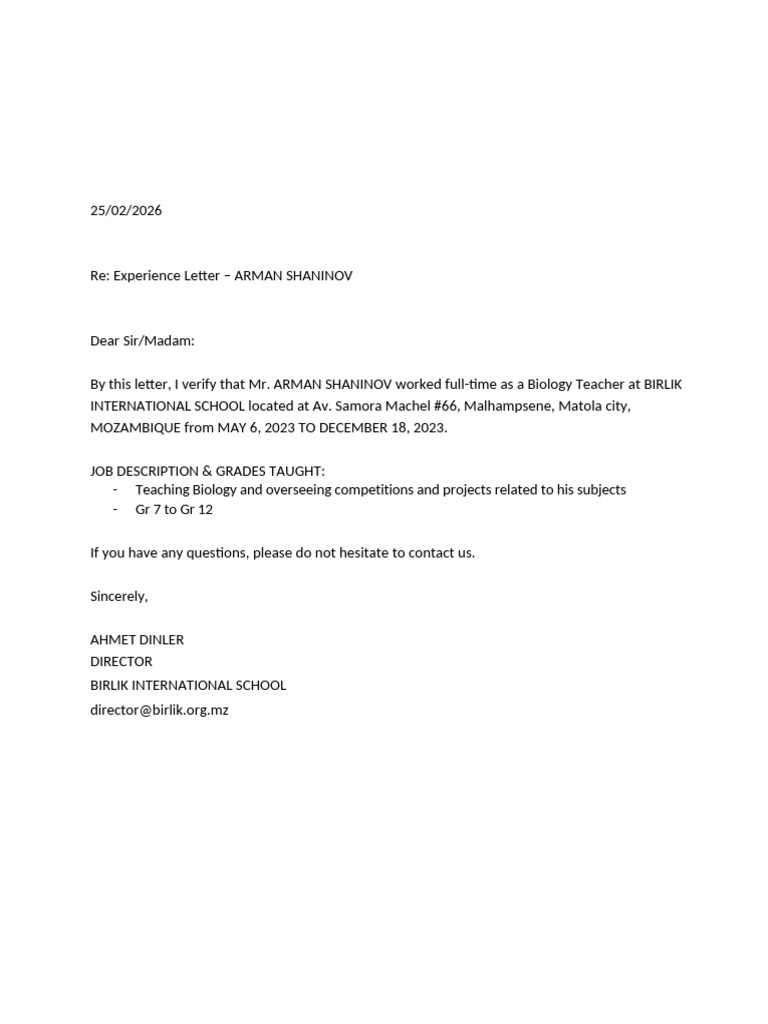 A Sample Experience Letter | PDF