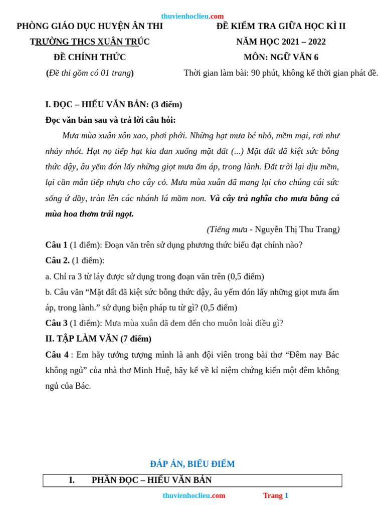 Thuvienhoclieu.com de KT Giua HK2 Van 6 Canh Dieu Co Dap An | PDF
