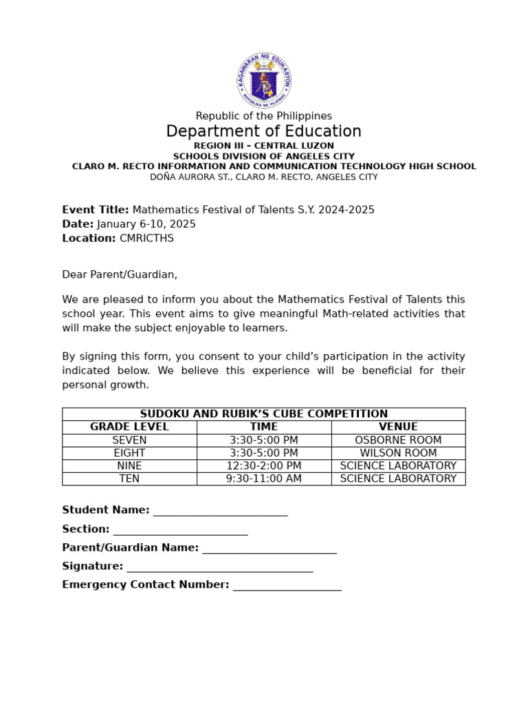MATH FEST Parental Consent | PDF