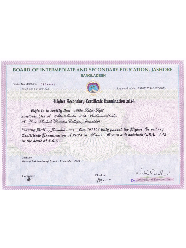 HSC Certificate | PDF