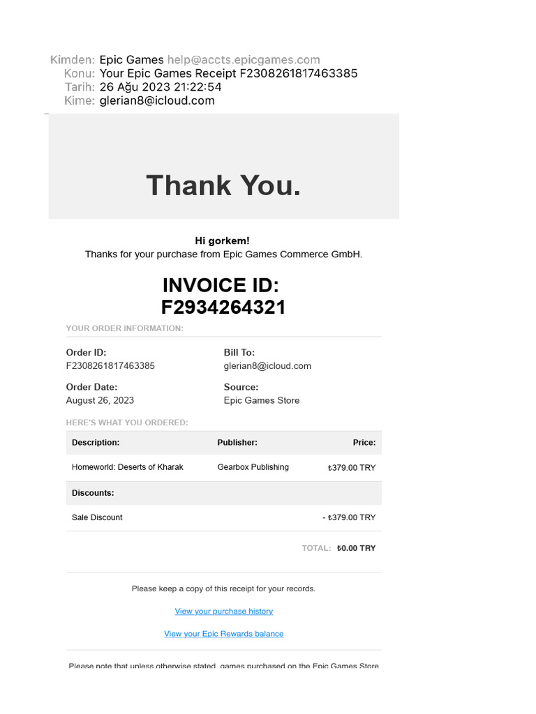 Your Epic Games Receipt F2308261817463385 | PDF