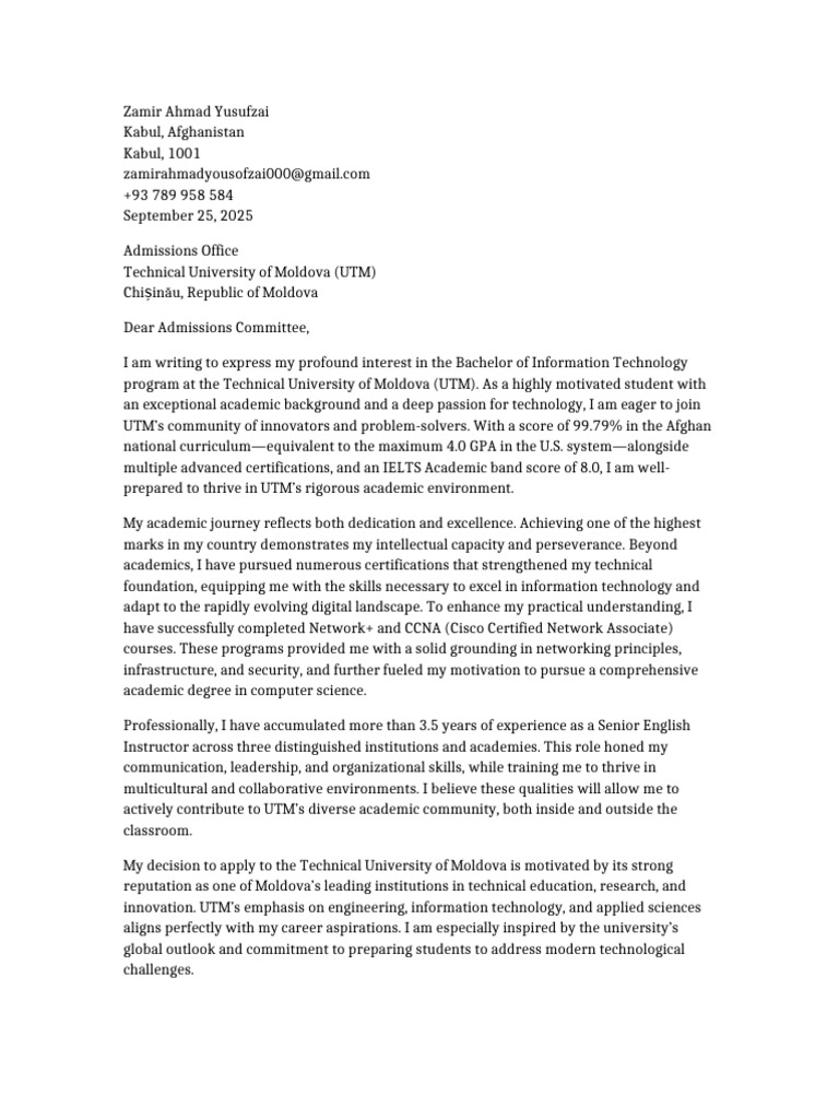 UTM - Application - Letter Zamir Ahmad | PDF | Cognition | Intelligence