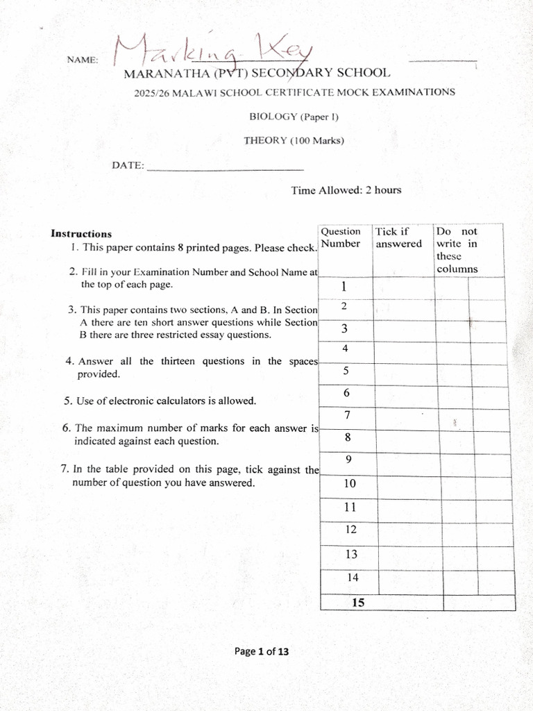 Biology MSCE MOCK Marking Key | PDF