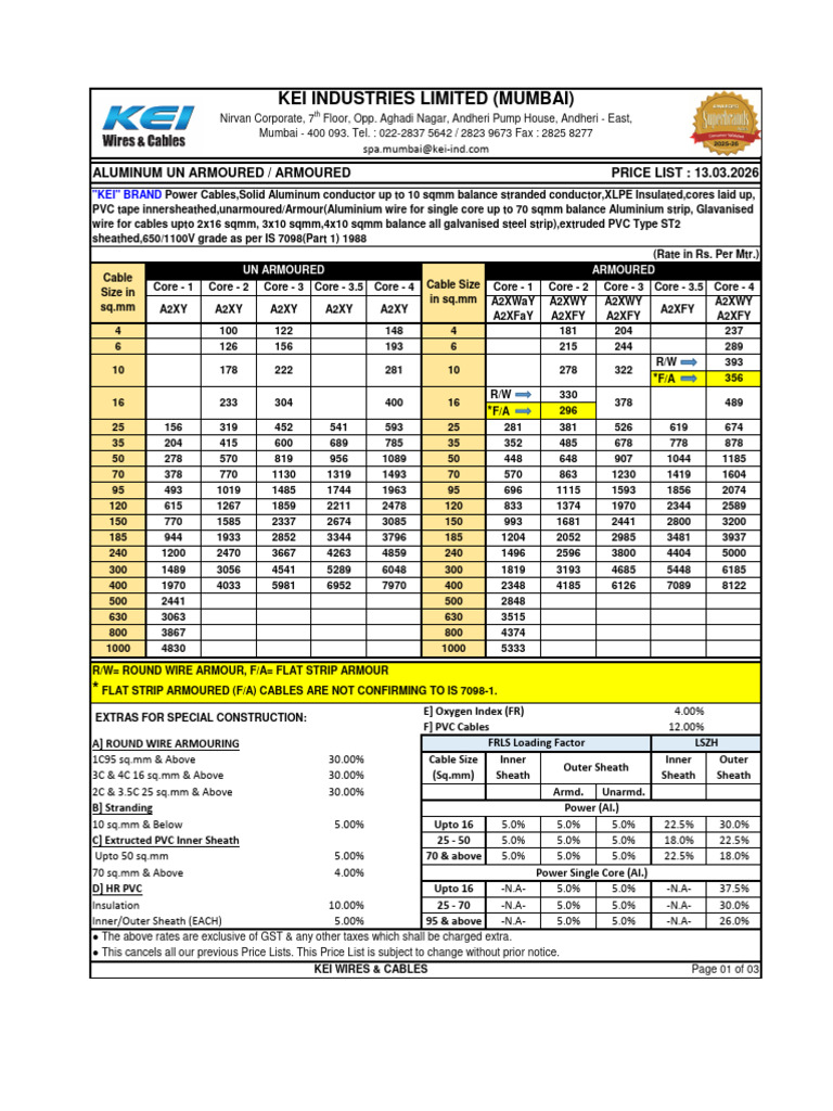 KEI Cable List Price - 13th Mar 2026 | PDF | Wire | Electrical Conductor