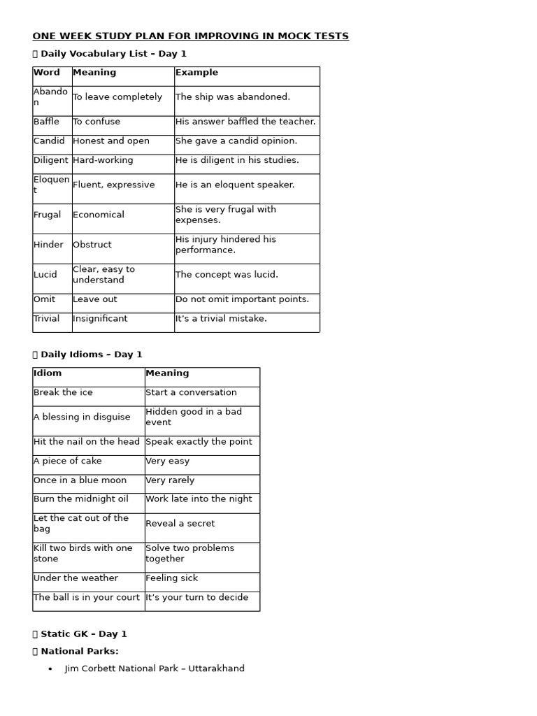One Week Study Plan For Improving in Mock Tests | PDF
