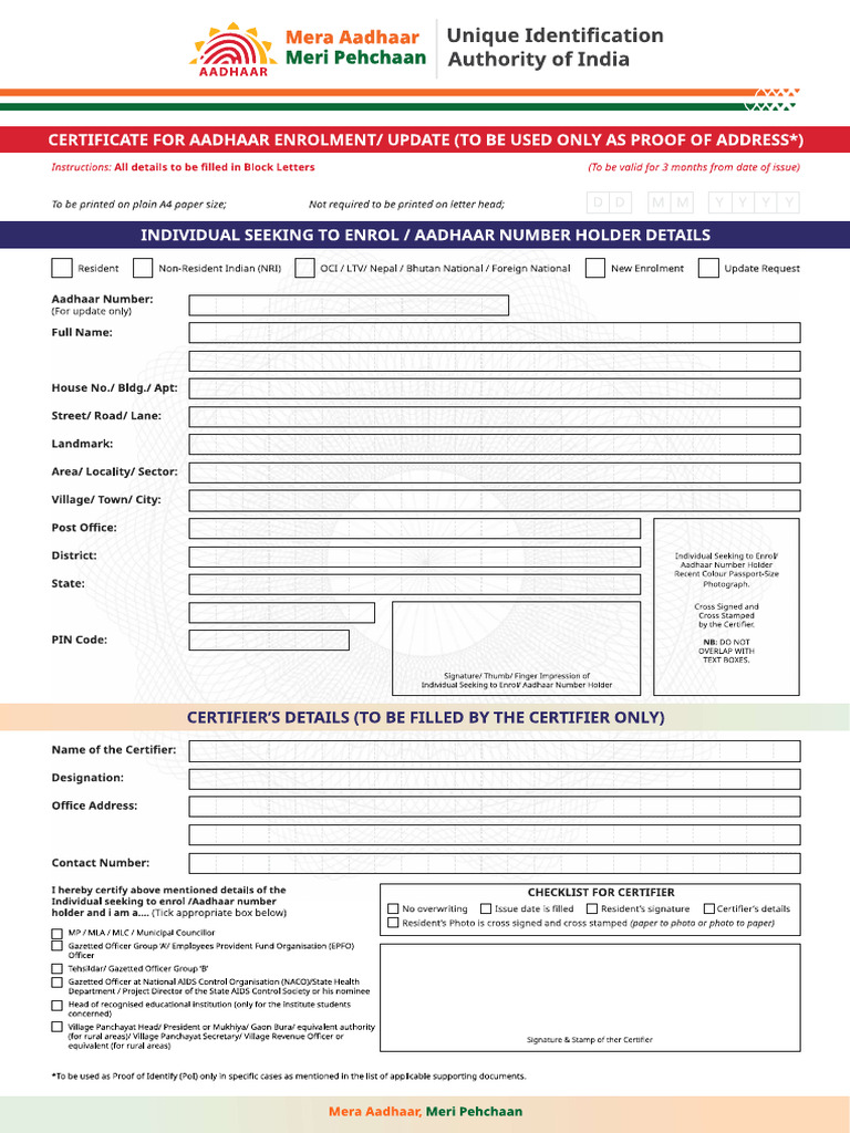 Aadhaar Update Form | PDF